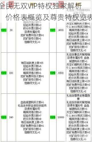 全民无双VIP特权独家解析：价格表概览及尊贵特权览表